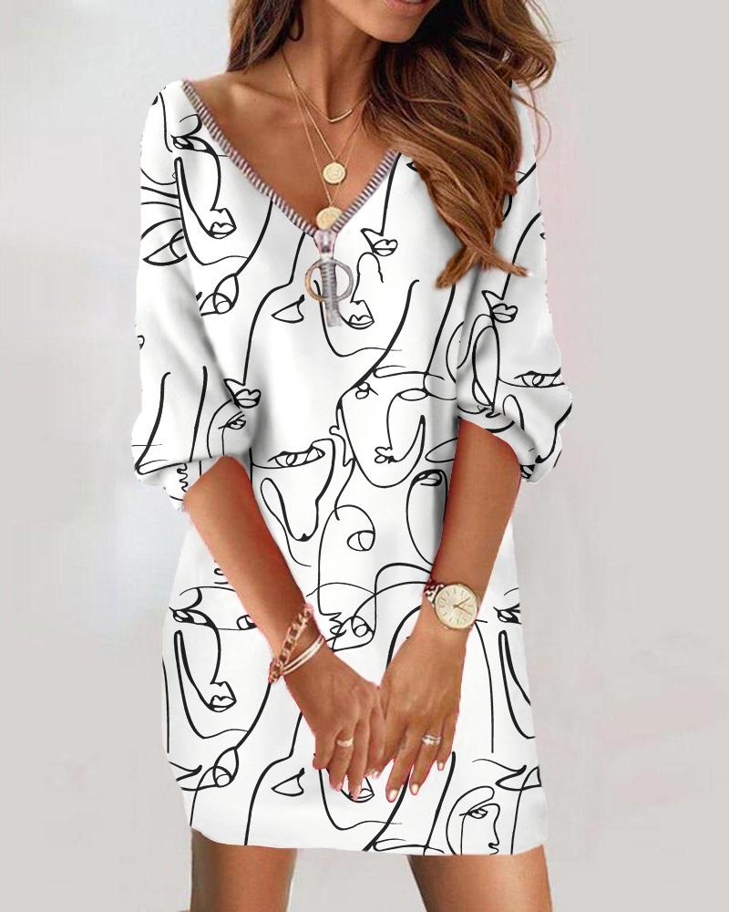 

Abstract Figure Print Zipper Detail Casual Dress, White