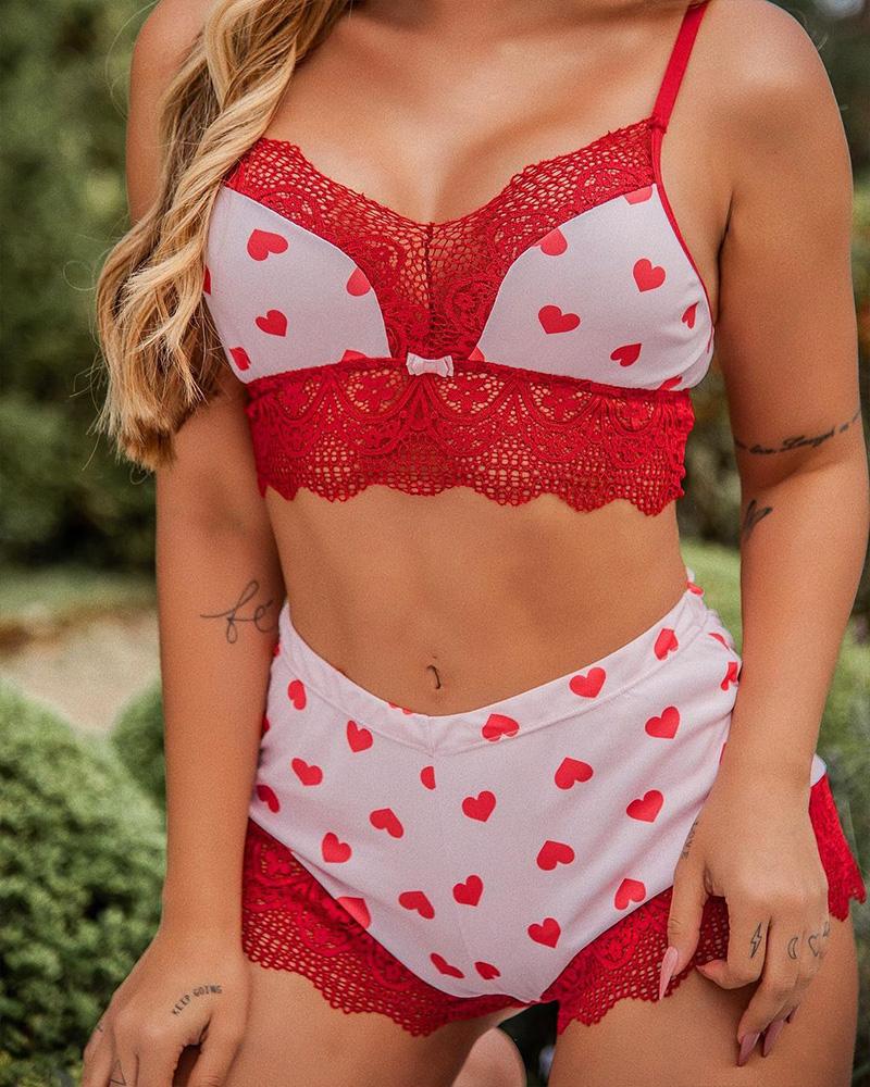 Heart Print Contrast Lace Lingerie Set