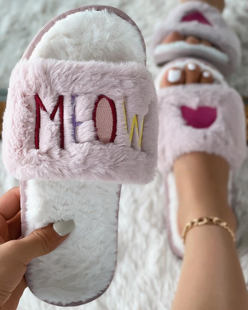 

Letter Heart Pattern Fuzzy Slippers, Pink