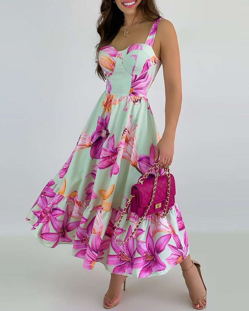 

Ruffle Hem Floral Print Dress, Green