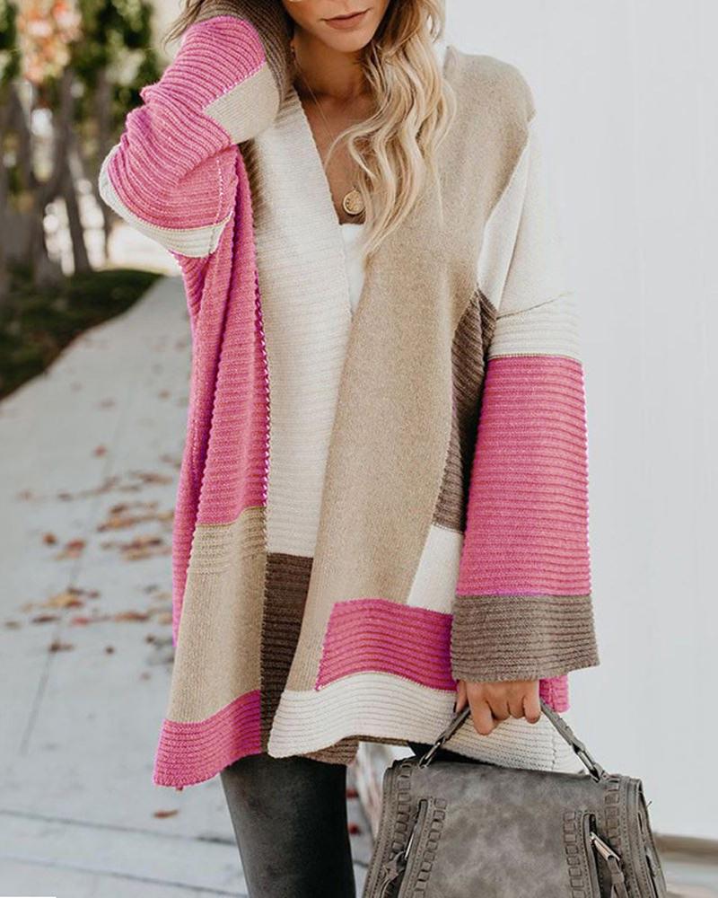 

Colorblock Long Sleeve Open Front Cardigan, Pink