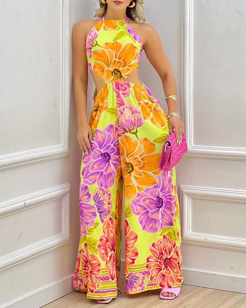 

Floral Print Halter Cutout Wide Leg Jumpsuit, Yellow