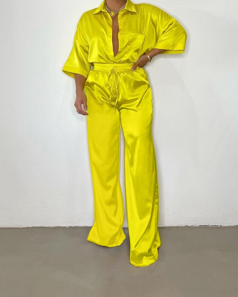 

Plain Button Down Shirt & Pants Set, Yellow