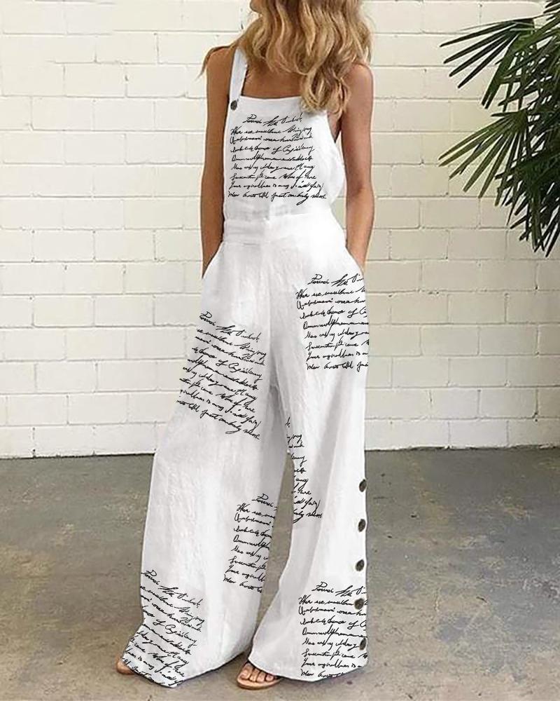 

Letter Print Pocket Design Suspender Jumpsuit, White