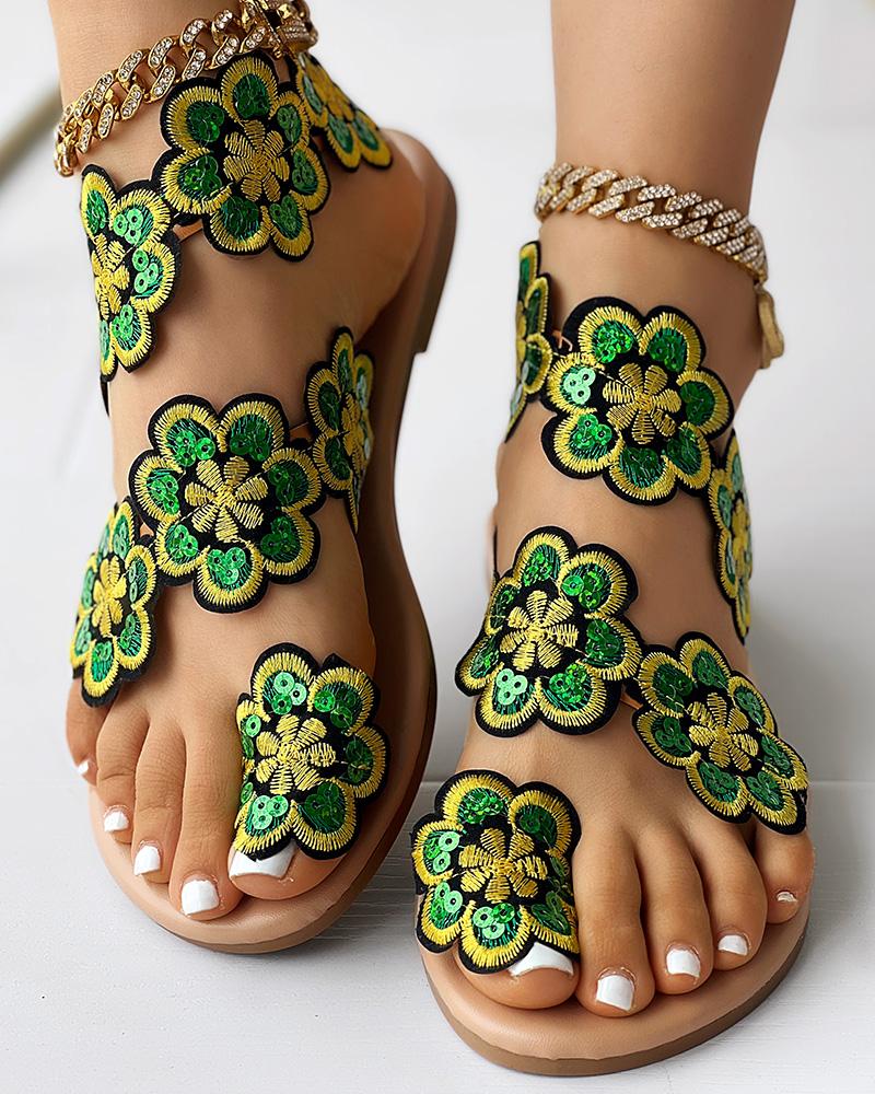 

Floral Pattern Toe Ring Beach Sandals, Green