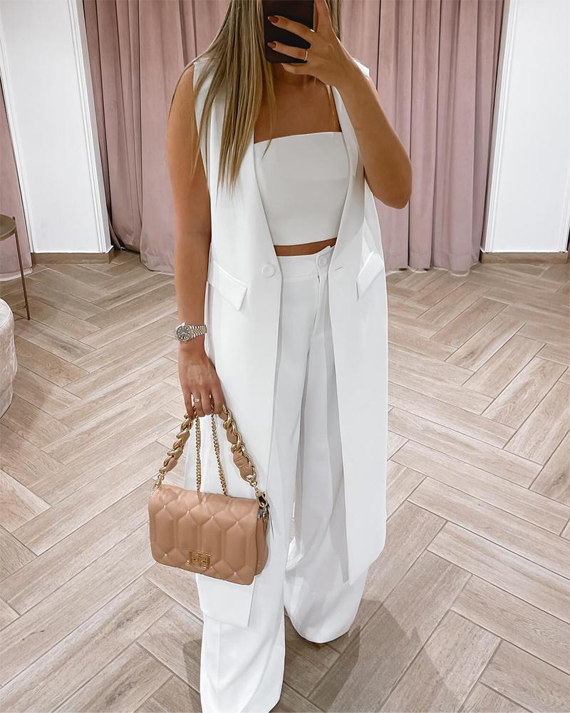 

Bandeau Crop Top & Pants Set With Vest Coat, White