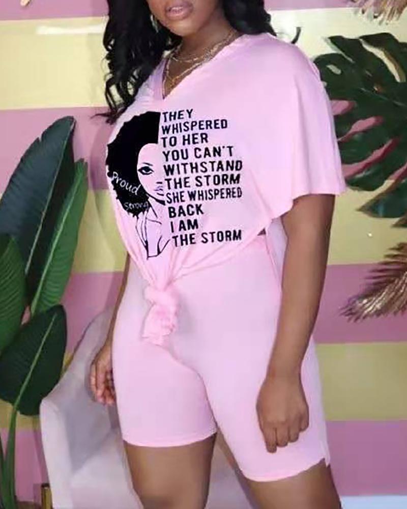 

Figure Letter Print Slit Top & Shorts Set, Pink