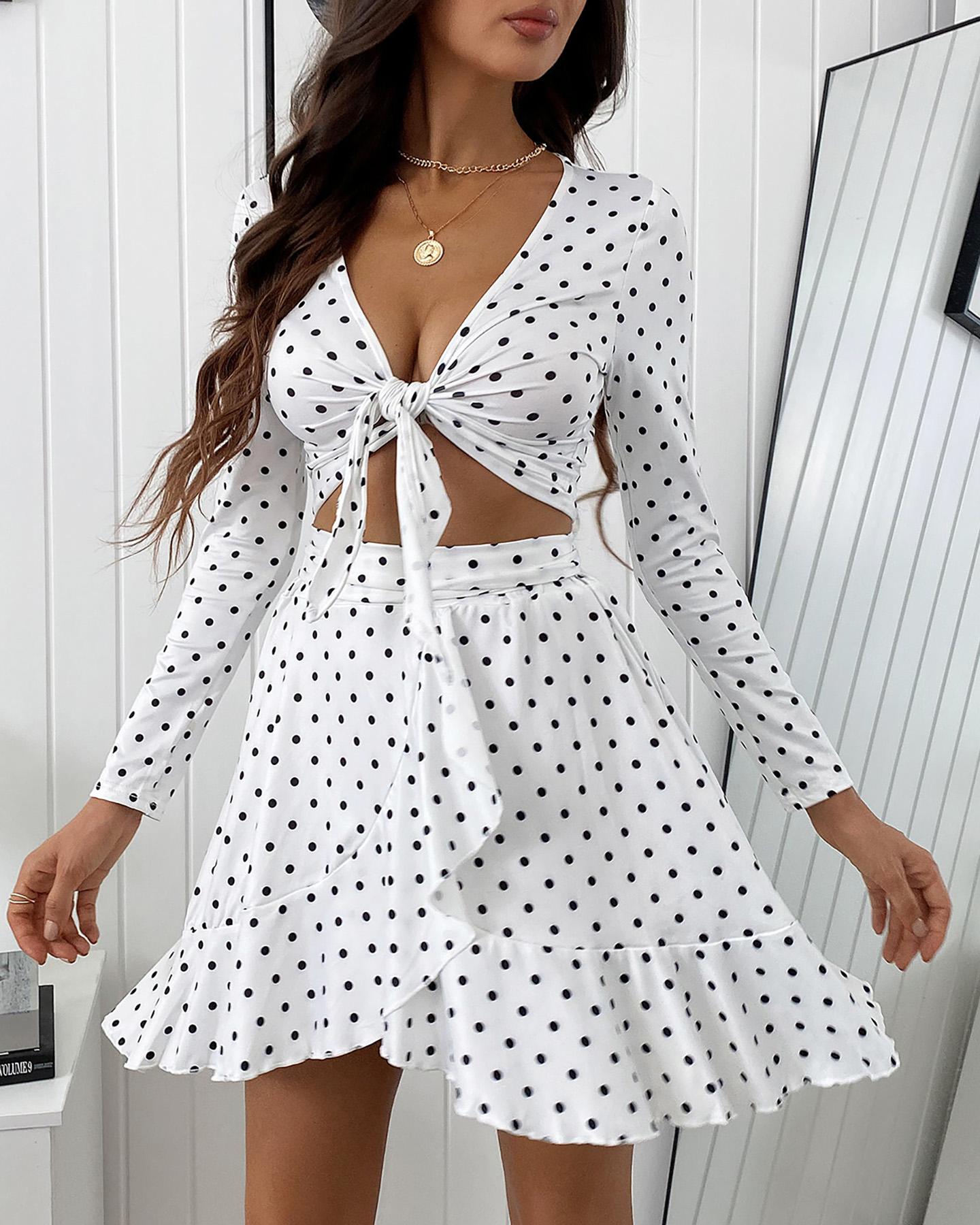 

Polkadot Print Long Sleeve Knotted Top & Skirt Set, White