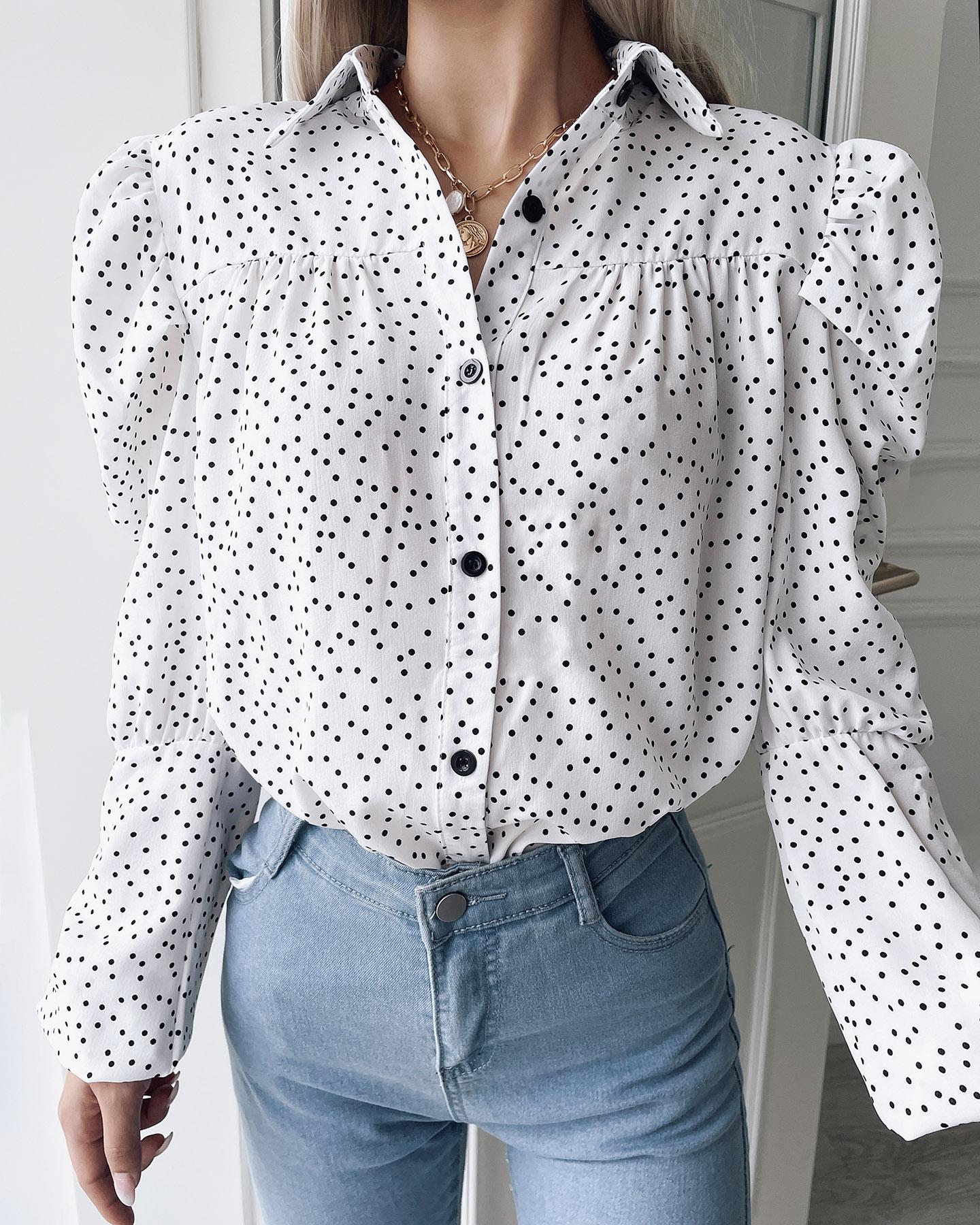 

Polkadot Print Puff Gigot Sleeve Buttoned Shirt, White