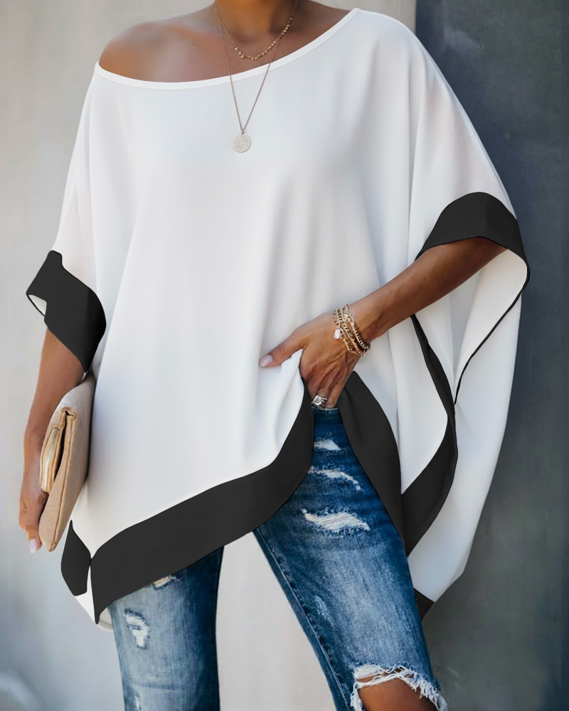 

Blusa casual folgada com mangas morcego em blocos de cores e detalhe torcido., White