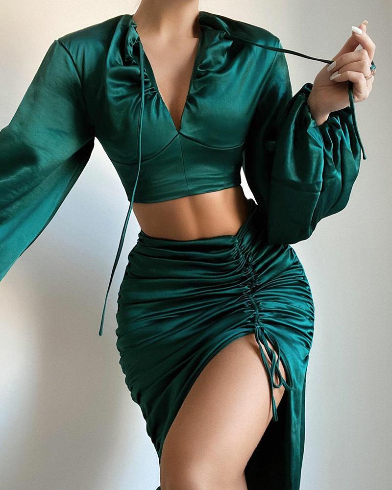 Lantern Sleeve Crop Top & Drawstring Ruched Slit Skirt Set