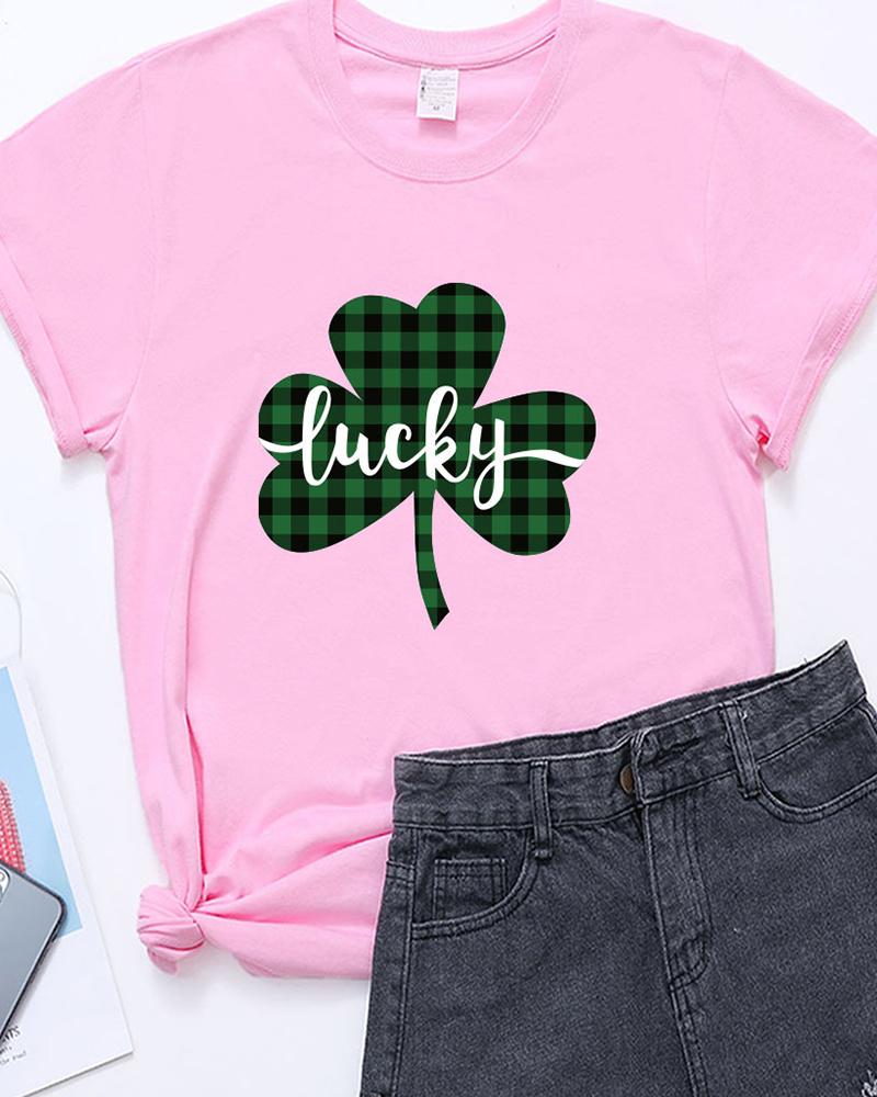 

Plaid & Letter Clover Print Short Sleeve Casual T-shirt, Pink