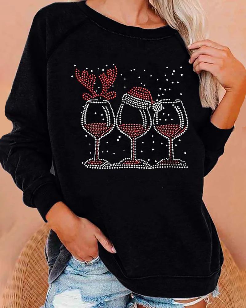 

Christmas Wine Glass Print Long Sleeve Top, Black