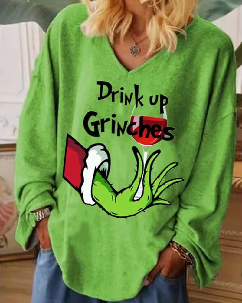 

Plus Size Graphic Stole Christmas Print Long Sleeve Top, Green