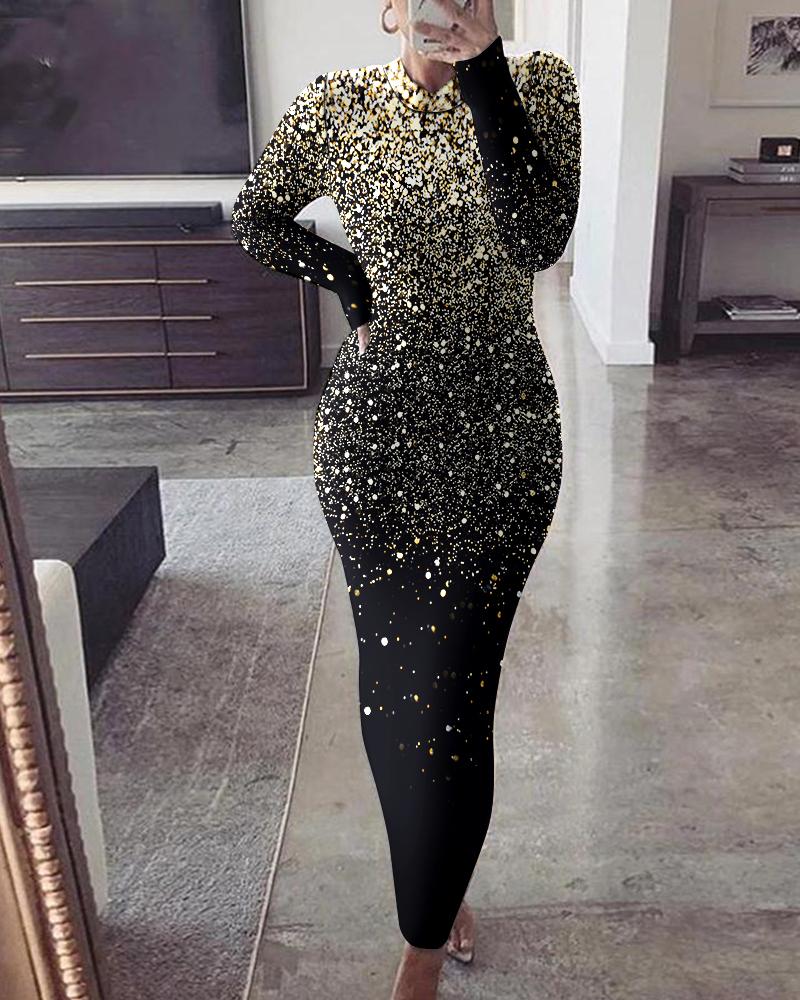 

Print Long Sleeve Bodycon Dress, Black