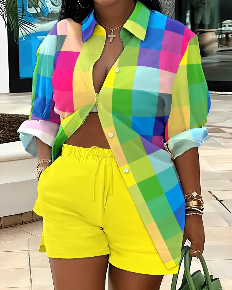 

Colorful Plaid Print Buttoned Shirt & Shorts Set, Multicolor