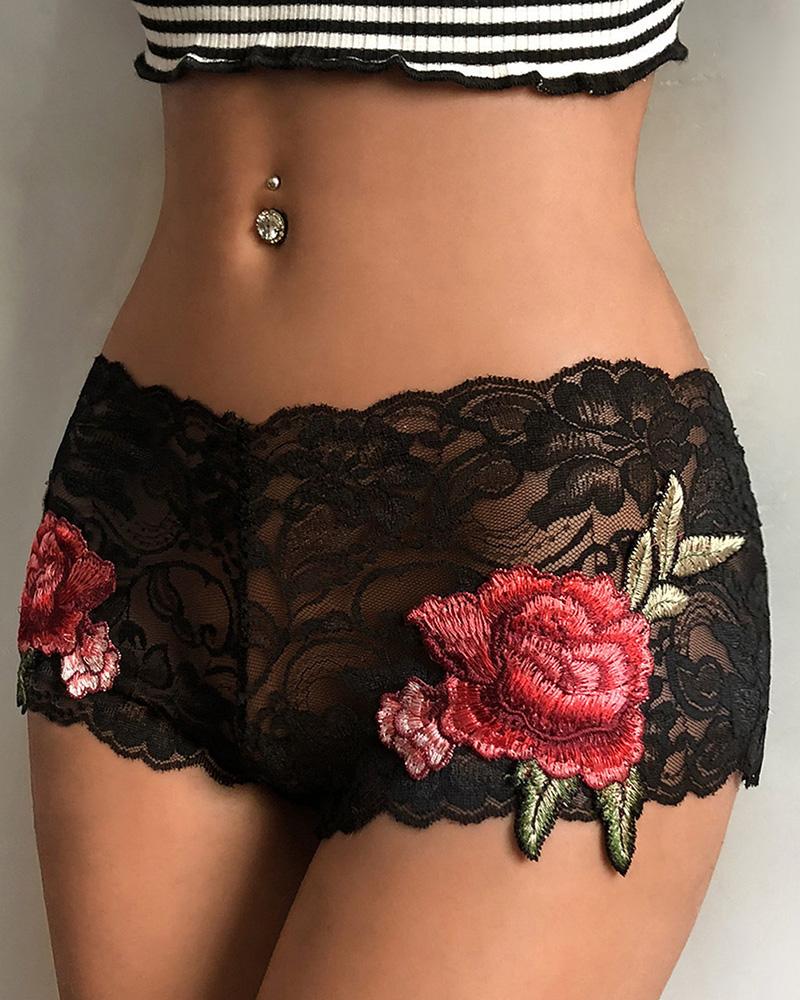 

Floral Embroidery Crochet Lace Panty, Black
