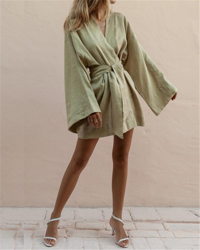 

Tied Detail Long Sleeve Casual Dress, Green