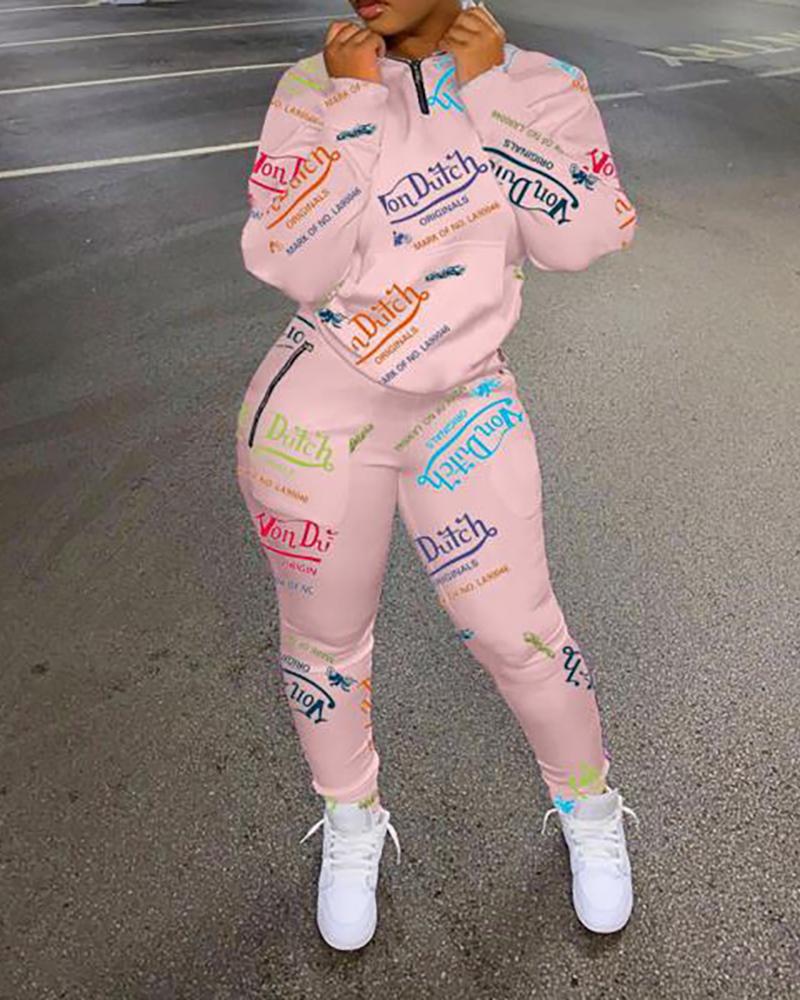 

Letter Print Zipper Design Long Sleeve Top & High Waist Pants Set, Pink
