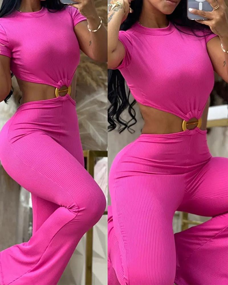 

O-Ring Decor Cutout Short Sleeve Jumpsuit, Hot pink