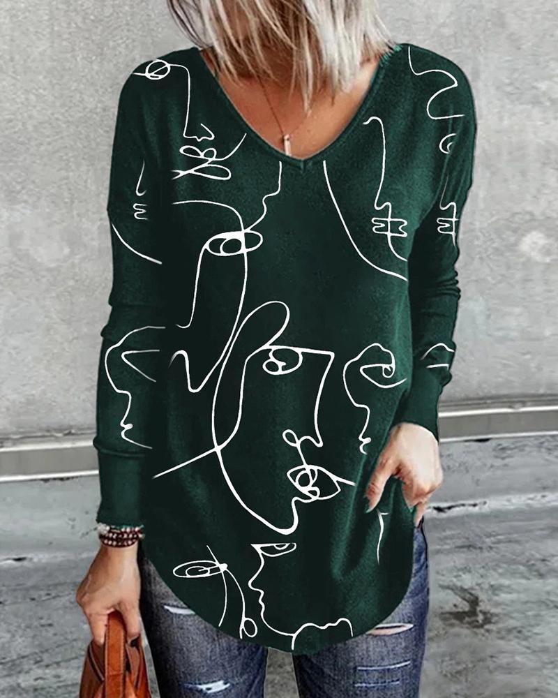 

Abstract Figure Print Long Sleeve Top, Green