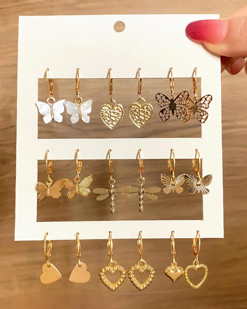 

9Pairs Butterfly Heart Decor Drop Earrings Set, Gold