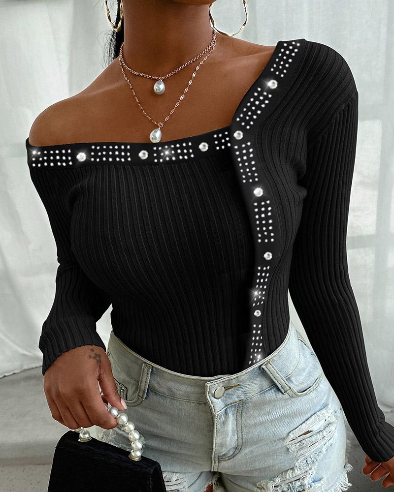 

Studded Knit Long Sleeve Sweater, Black