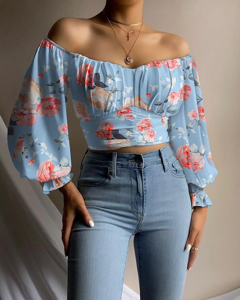 

Floral Print Off Shoulder Ruched Crop Top, Blue