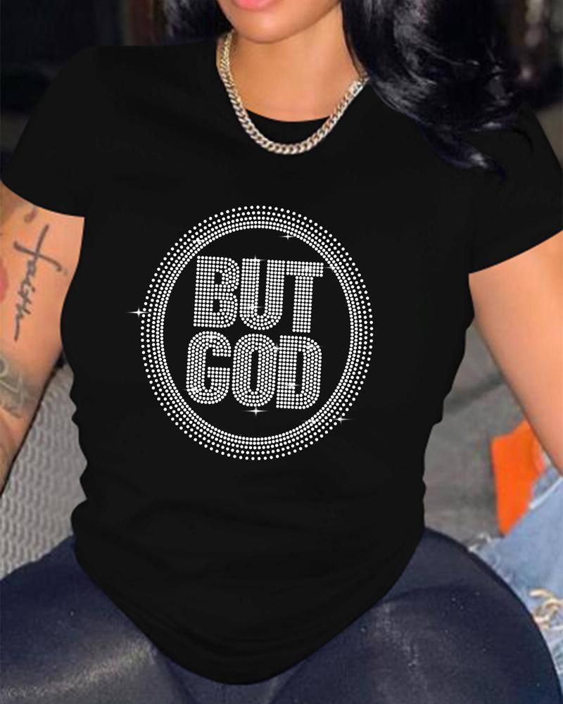 

Plus Size But God Rhinestone Casual T-shirt, Black