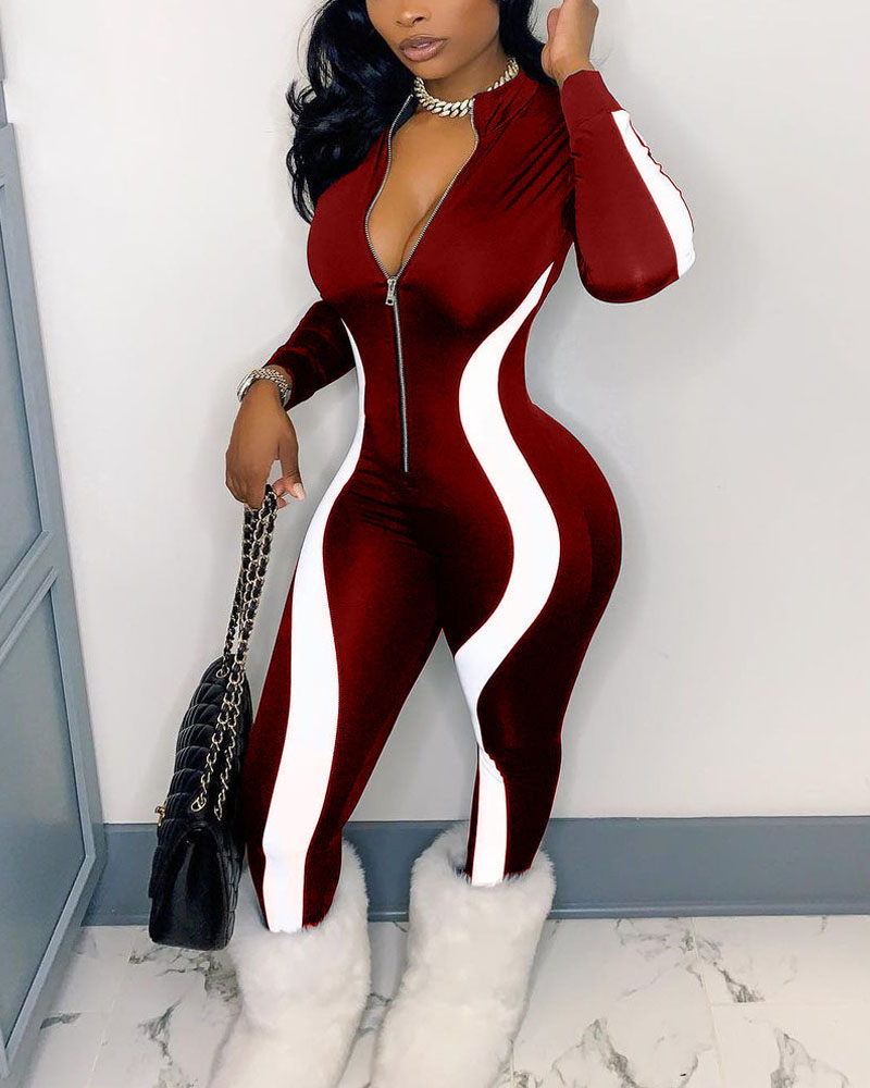 

Color Block Zipper Front Long Sleeve Jumpsuit, Red