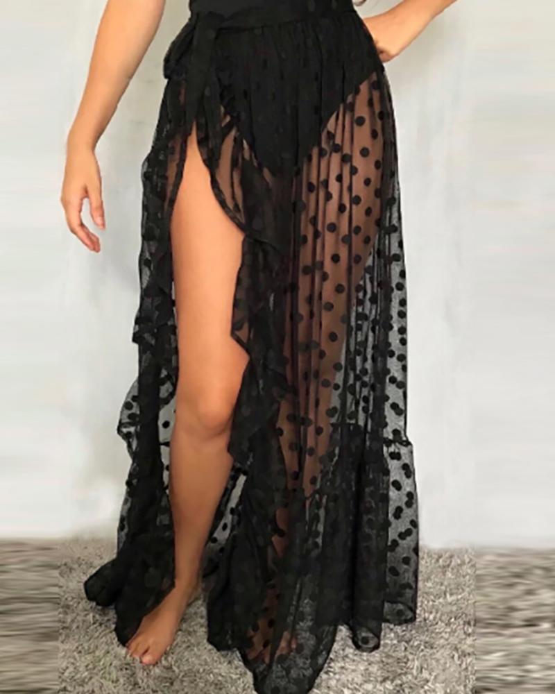 

Ruffles Sheer Mesh Beach Bikini Cover Ups Vacation Sunscreen Wrap Split Skirt, Style2
