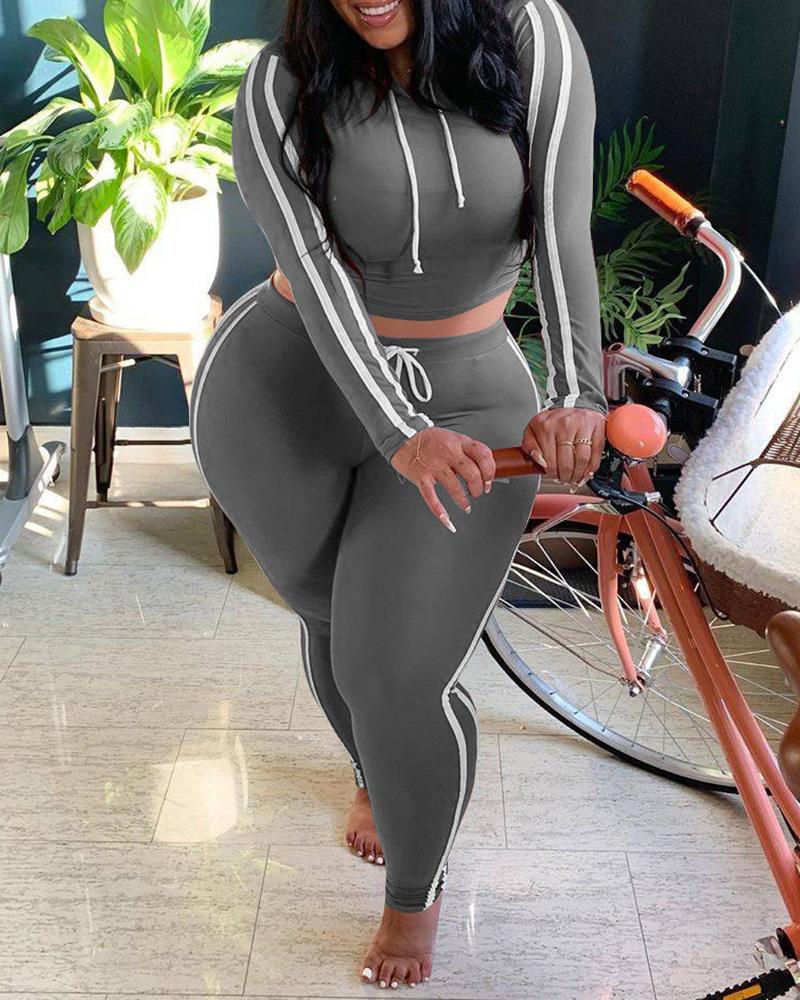 

Striped Tape Hooded Top & Pants Set, Gray