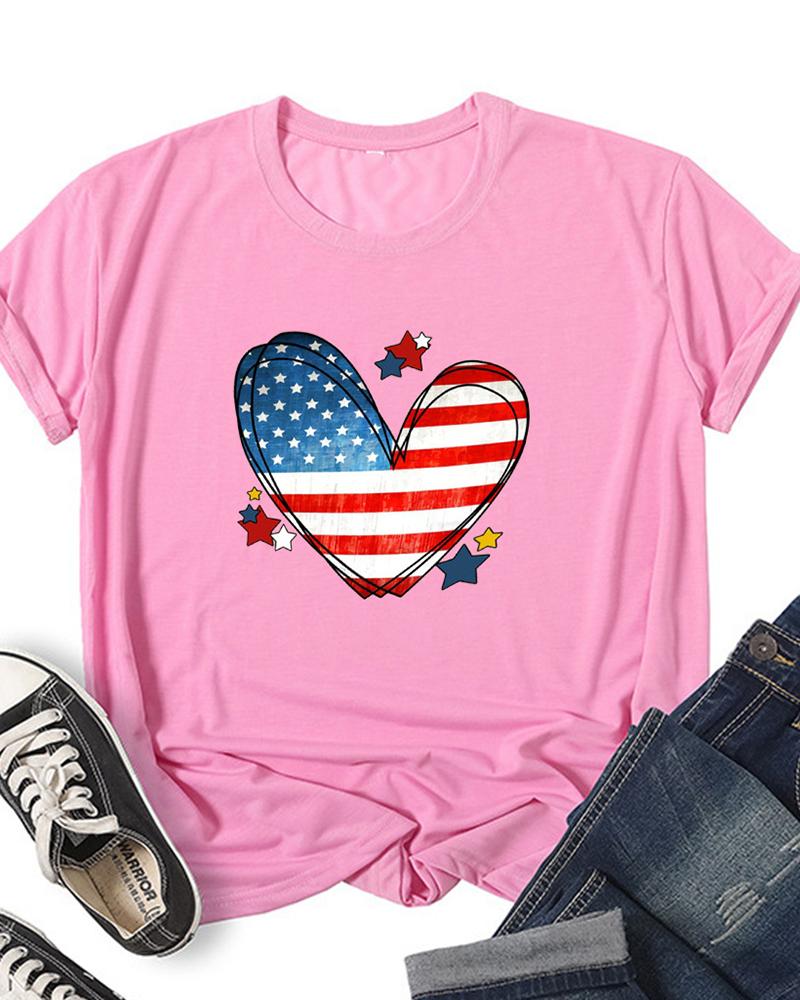 

Independence Day Flag Heart Print Casual T-shirt, Pink