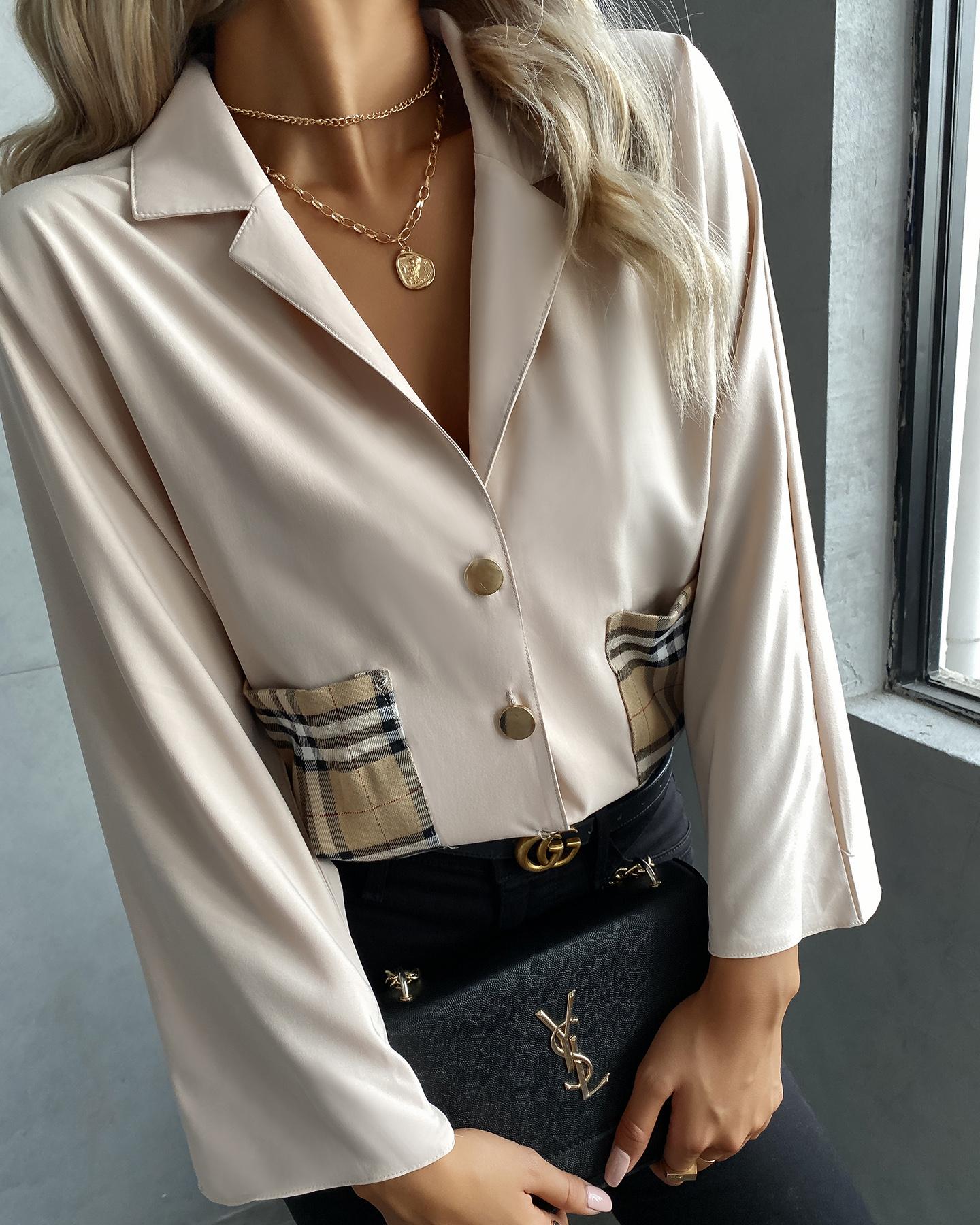 

Plaid Print Pocket Design Long Sleeve Shirt, Apricot