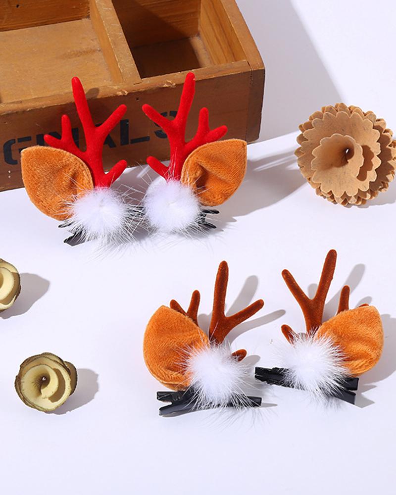 

1Pair Christmas Children's Accessories Cute Pom Pom Elk Antler Hair Clips, Red