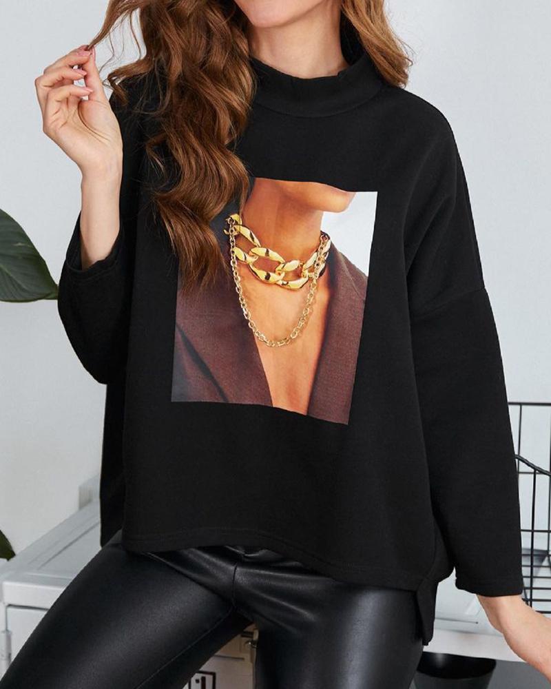 

Figure Print Long Sleeve Sweatshirt, Black