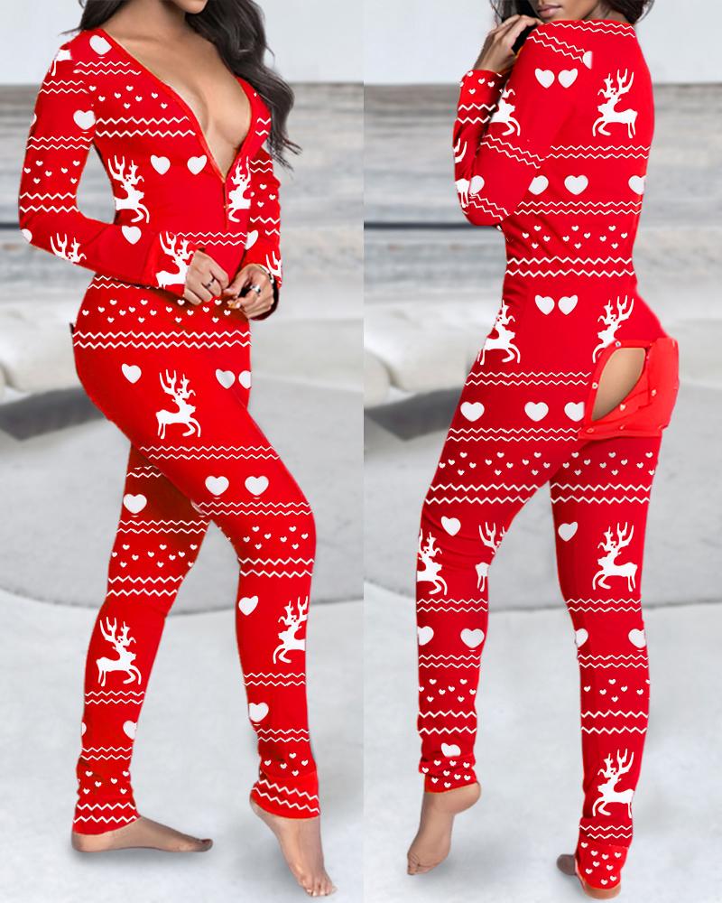 

Christmas V-Neck Long Sleeve Jumpsuit Cutout Functional Buttoned Flap Adults Pajamas One Piece, Red