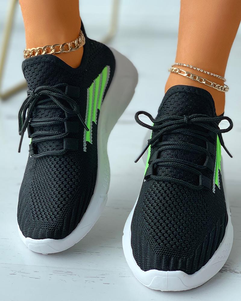 

Lace-up Knit Striped Colorblock Breathable Sneakers, Black