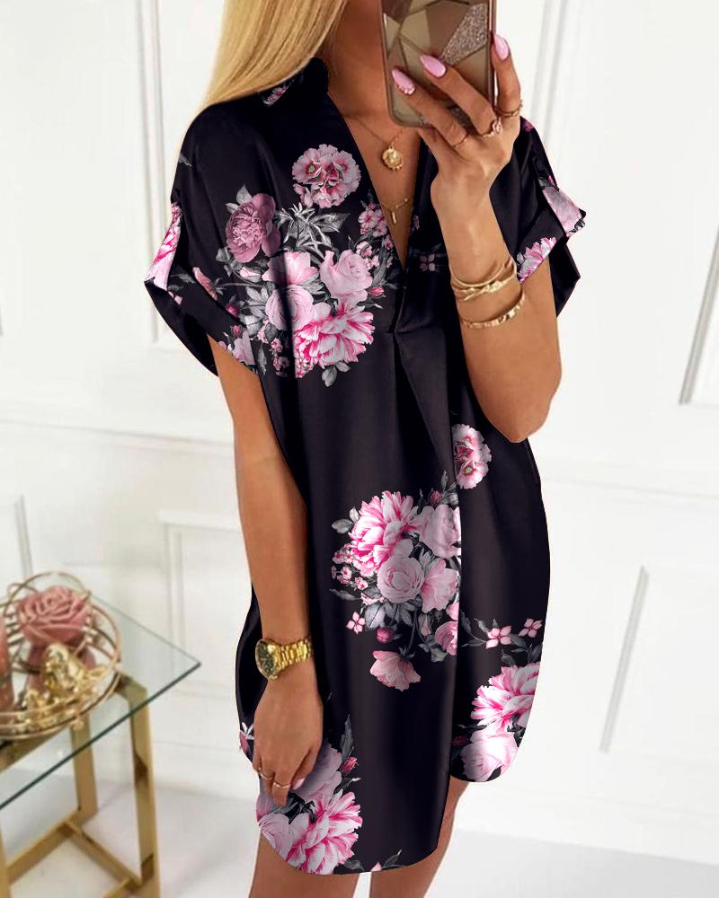 

Floral Print Short Sleeve Casual Dress, Black