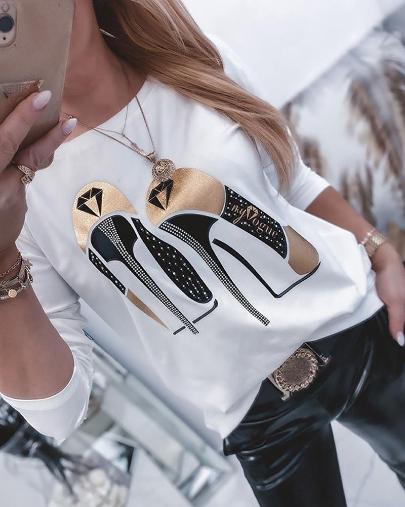 

High Heels Print Long Sleeve Casual T-shirt, White