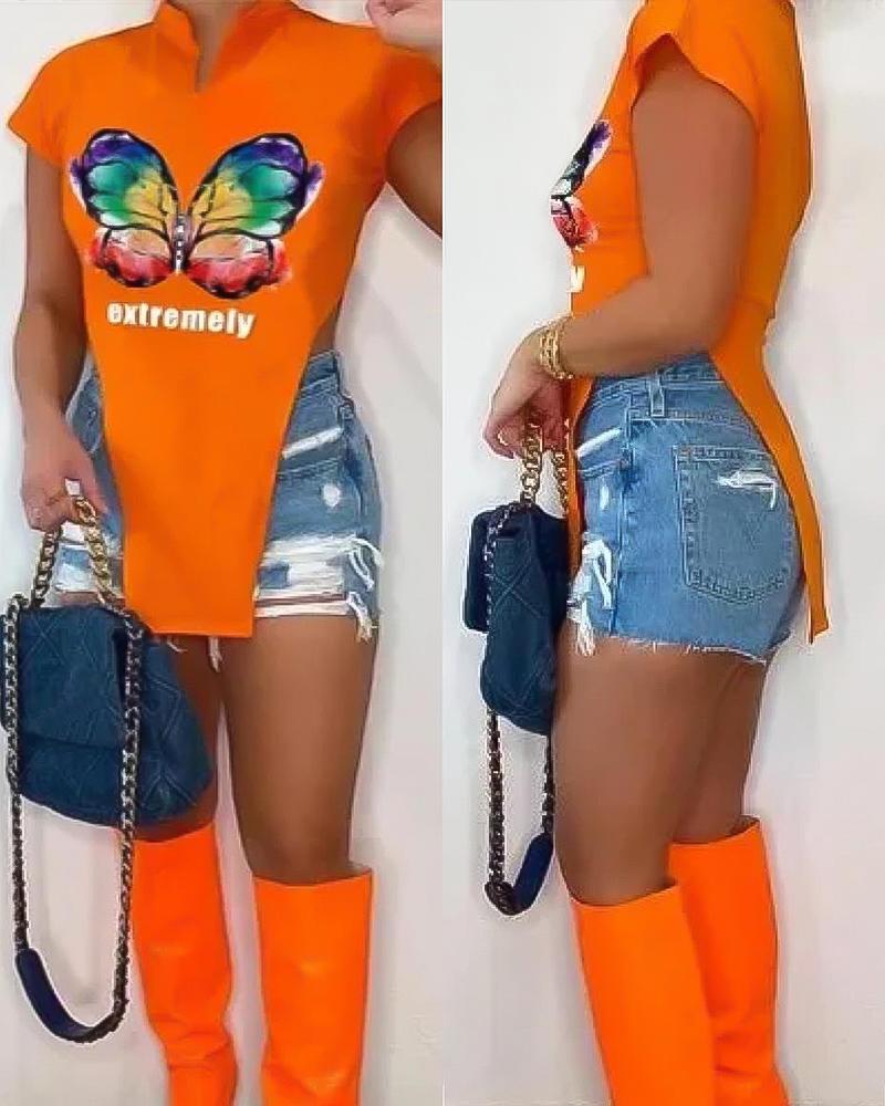 

Butterfly Print Split Hem T-shirt, Orange