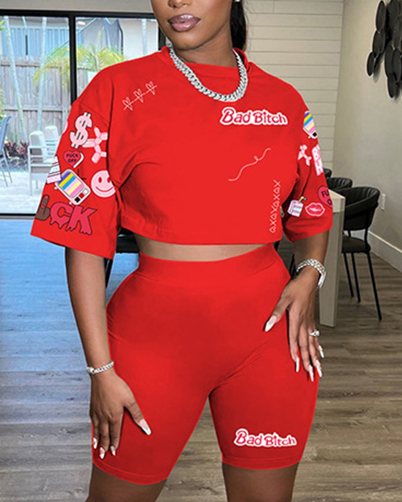 

Cartoon Letter Graphic Print T-shirt & Shorts Set, Red