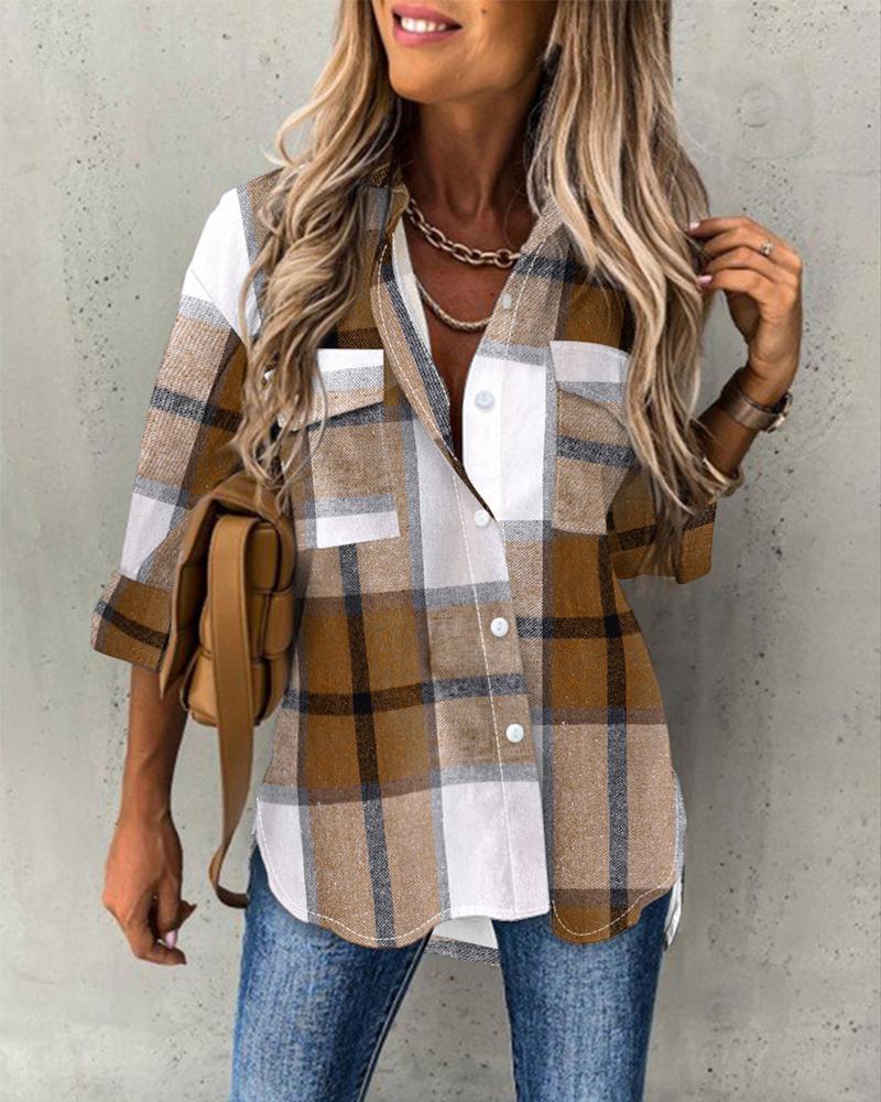 

Plaid Print Button Pocket Design Shirt, Brown