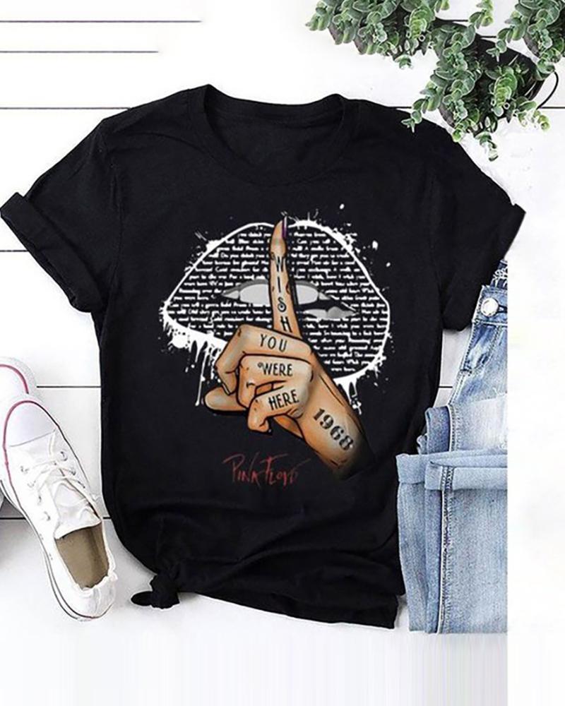 

Lip/Signal Print Short Sleeve Casual T-shirt, Black