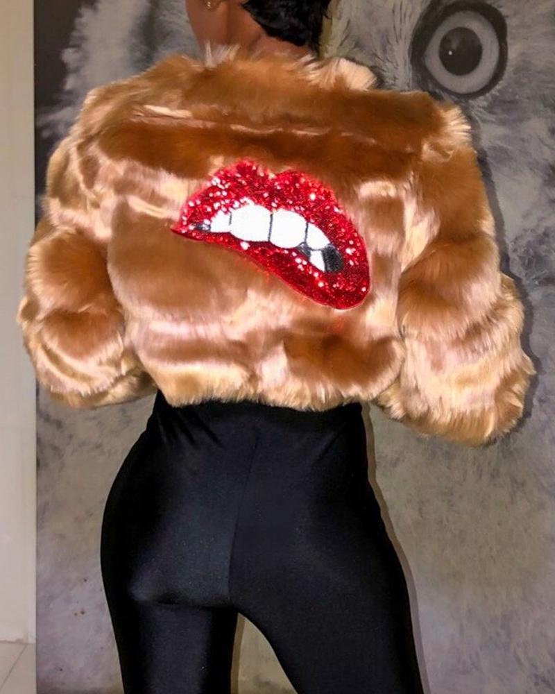

Mouth Printing Long Sleeve Cropped Jacket, Gold