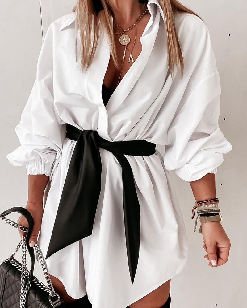 

Long Sleeve Tied Detail Casual Shirt Dress With Belt, White