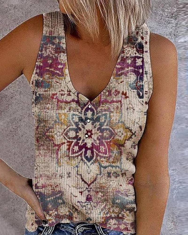 

Vintage Tribal Print Button Front Tank Top, Khaki