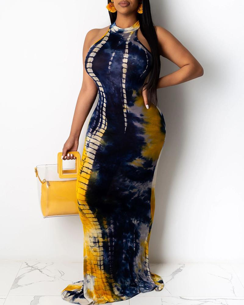 

Tie Dye Print Cutout Back Sleeveless Maxi Dress, Blue