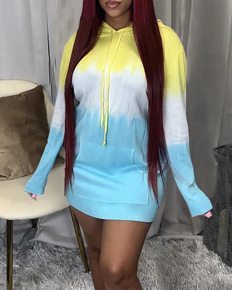 

Ombre Drawstring Hooded Kangaroo Pocket Long Sleeve Sweatshirt Dress, Lighted blue