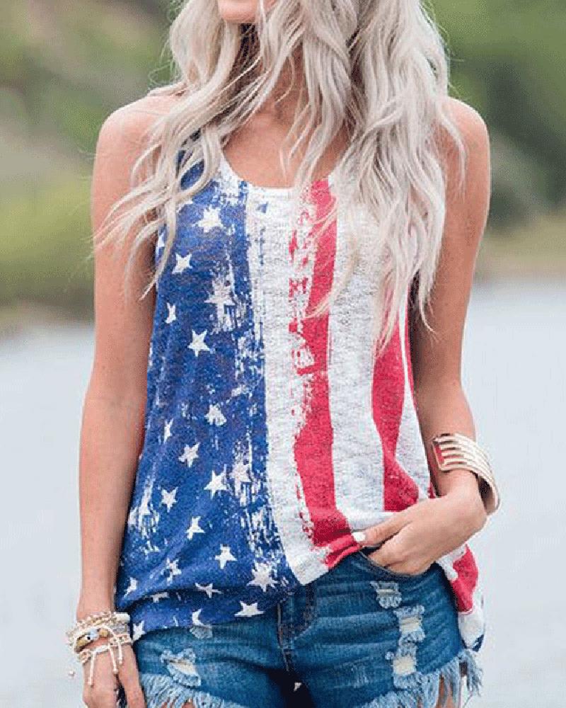 

Round Neck Striped Stars Print Sleeveless T-shirt, Blue